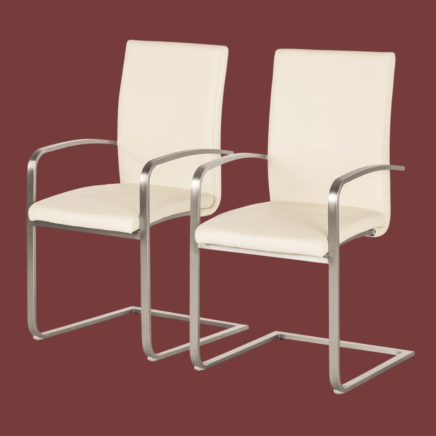 2x Echtleder-Freischwinger mit Armlehnen Creme
