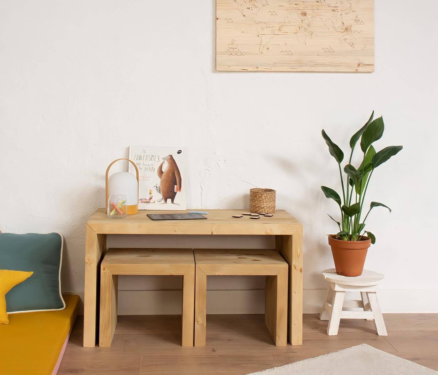Kindertisch mit 2x Hocker Montessori aus Tannenholz