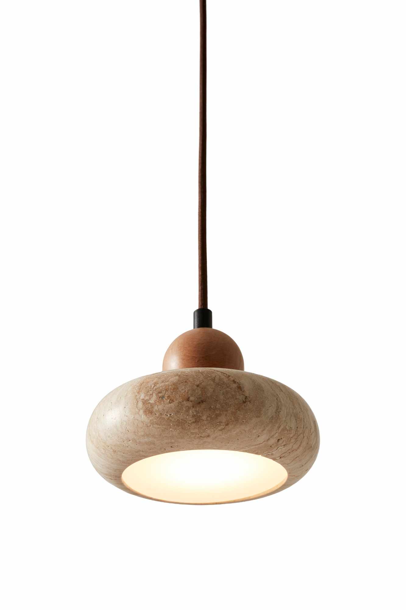 Round Pendant Light Oak Wood Travertine Cream