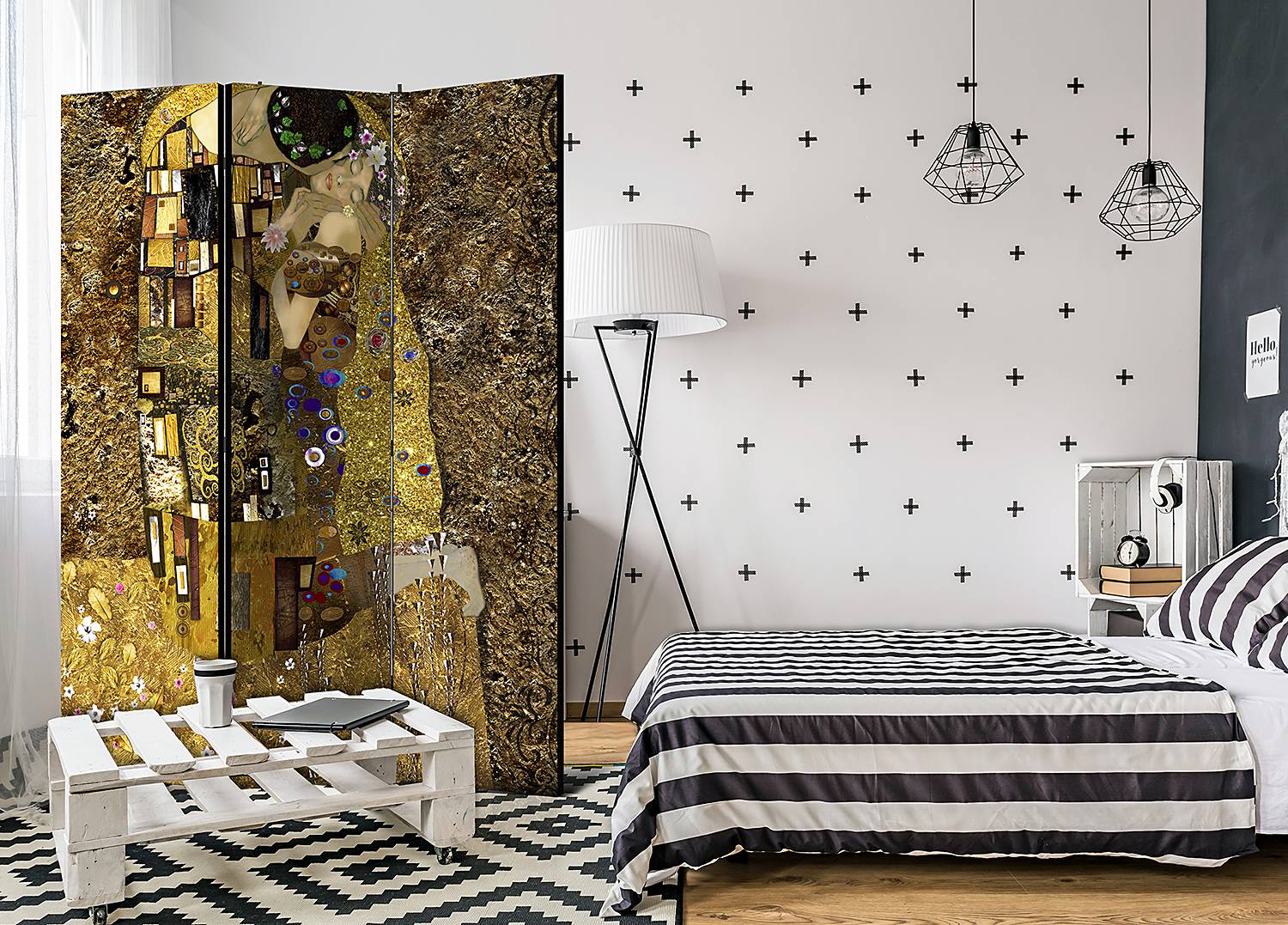 Paravent Golden Kiss Vlies auf Massivholz