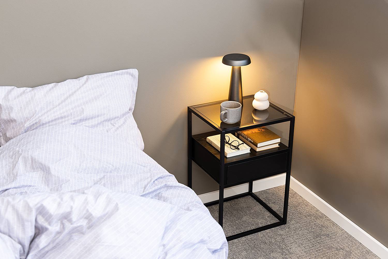 Keable Nightstand Glass Metal Black