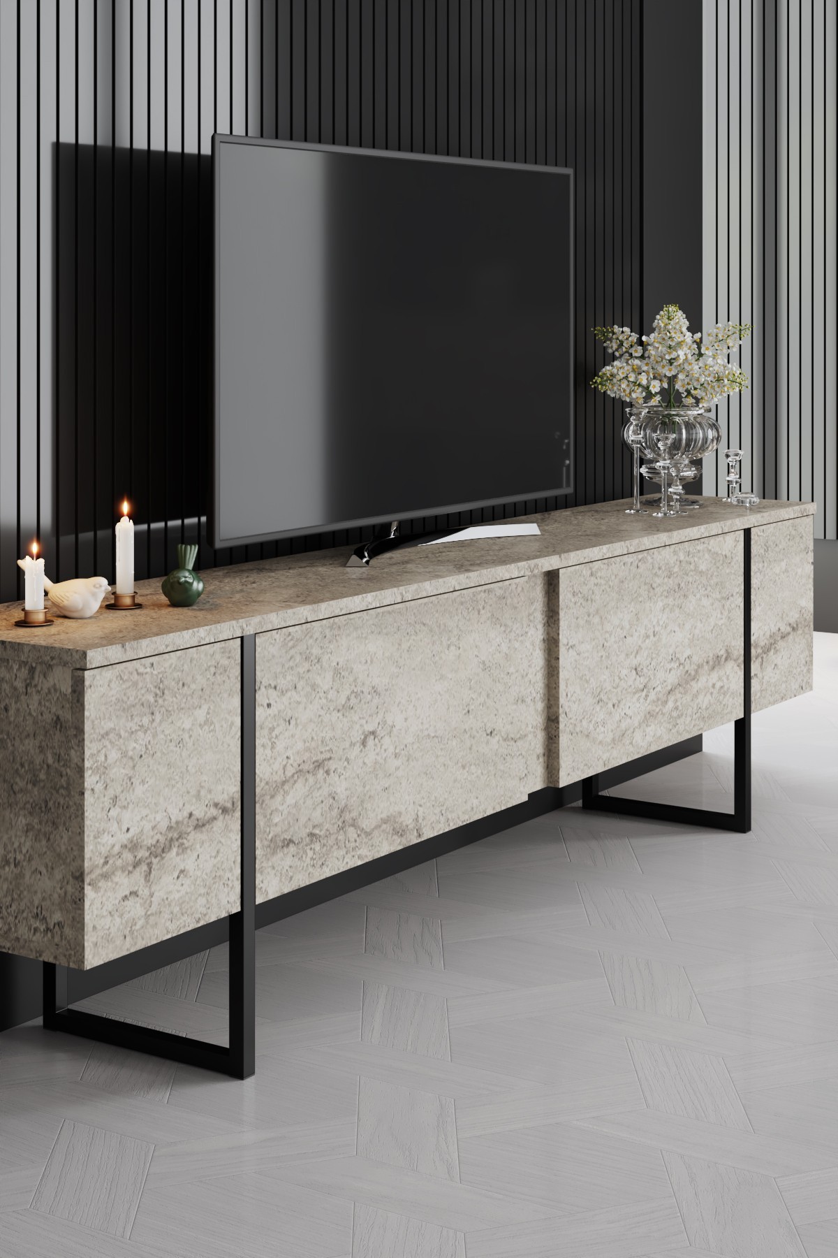 Luxe Lowboard Holz Travertine Schwarz