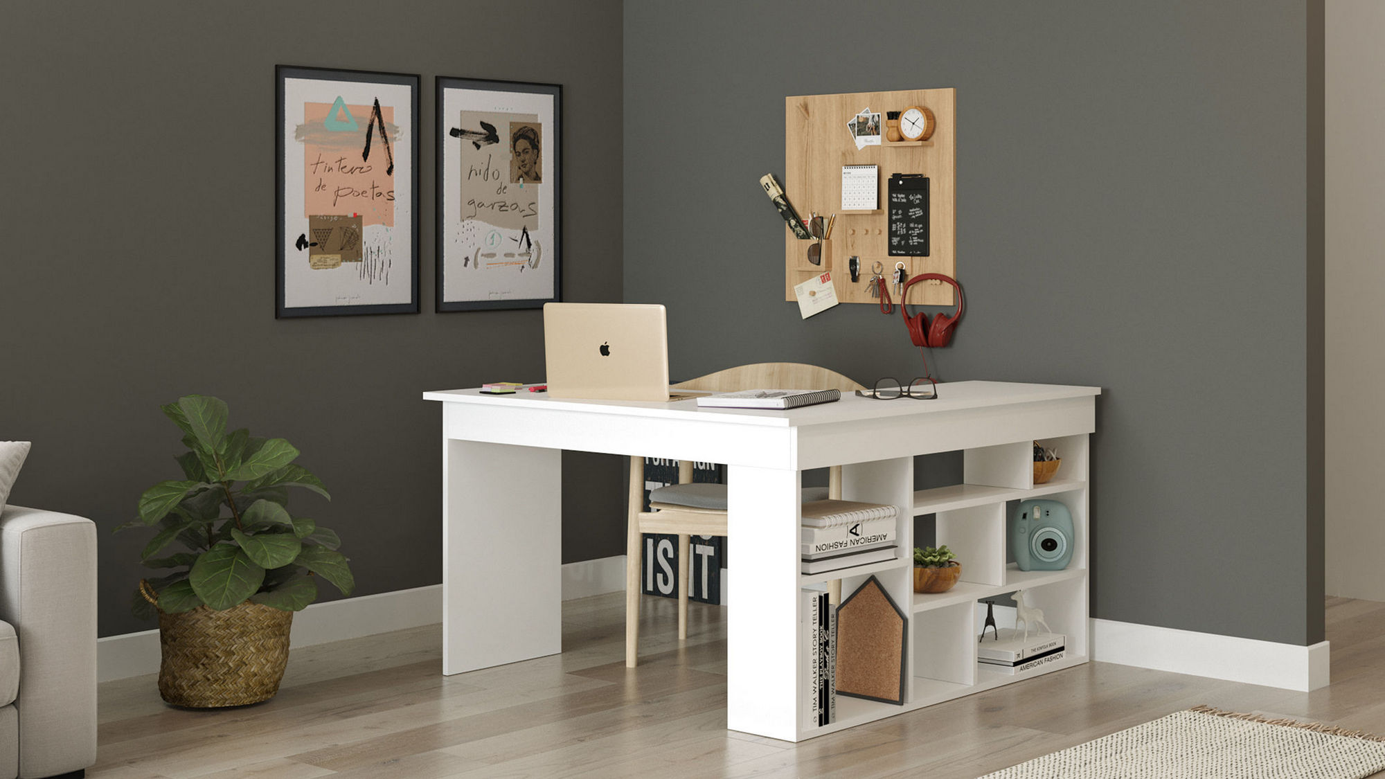 Corner desk with shelf White