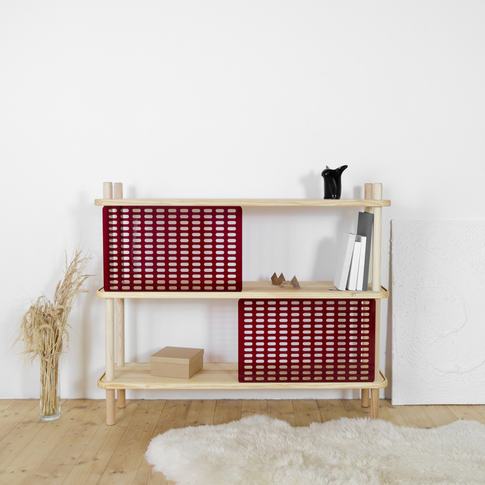 Brilliant 2 Shelf Ash Wood Red Plexiglass
