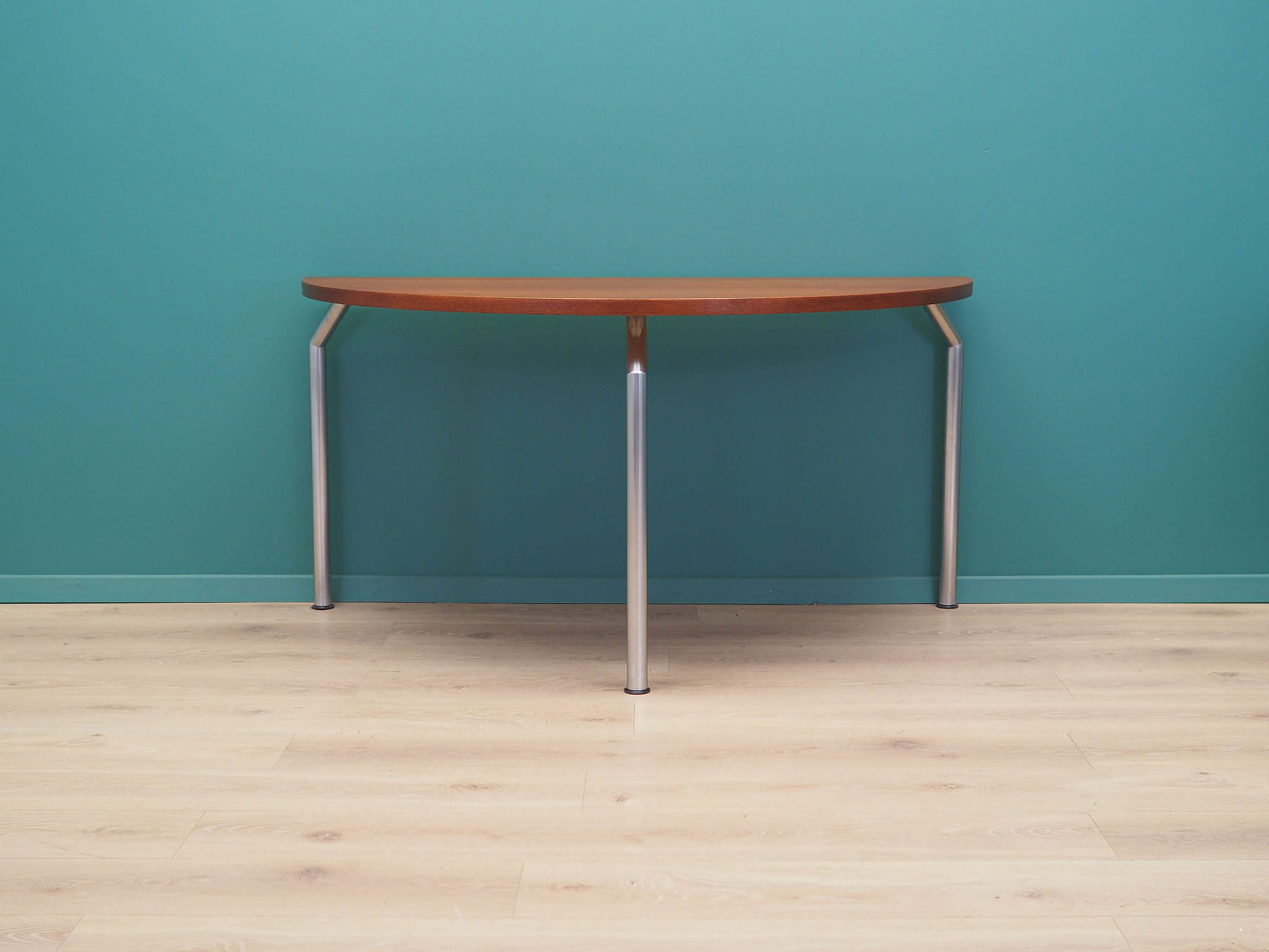 Vintage table, half-round, teak wood, metal, brown, 1970s
