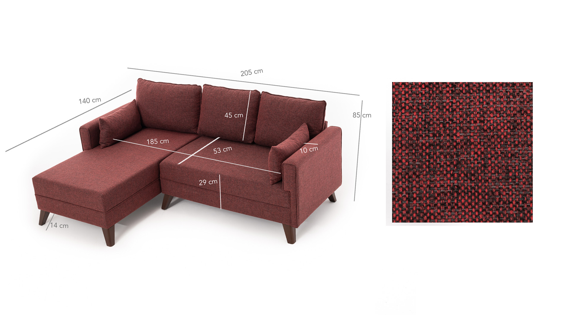 Bella Sofa Récamiere Links mit Hocker Rot