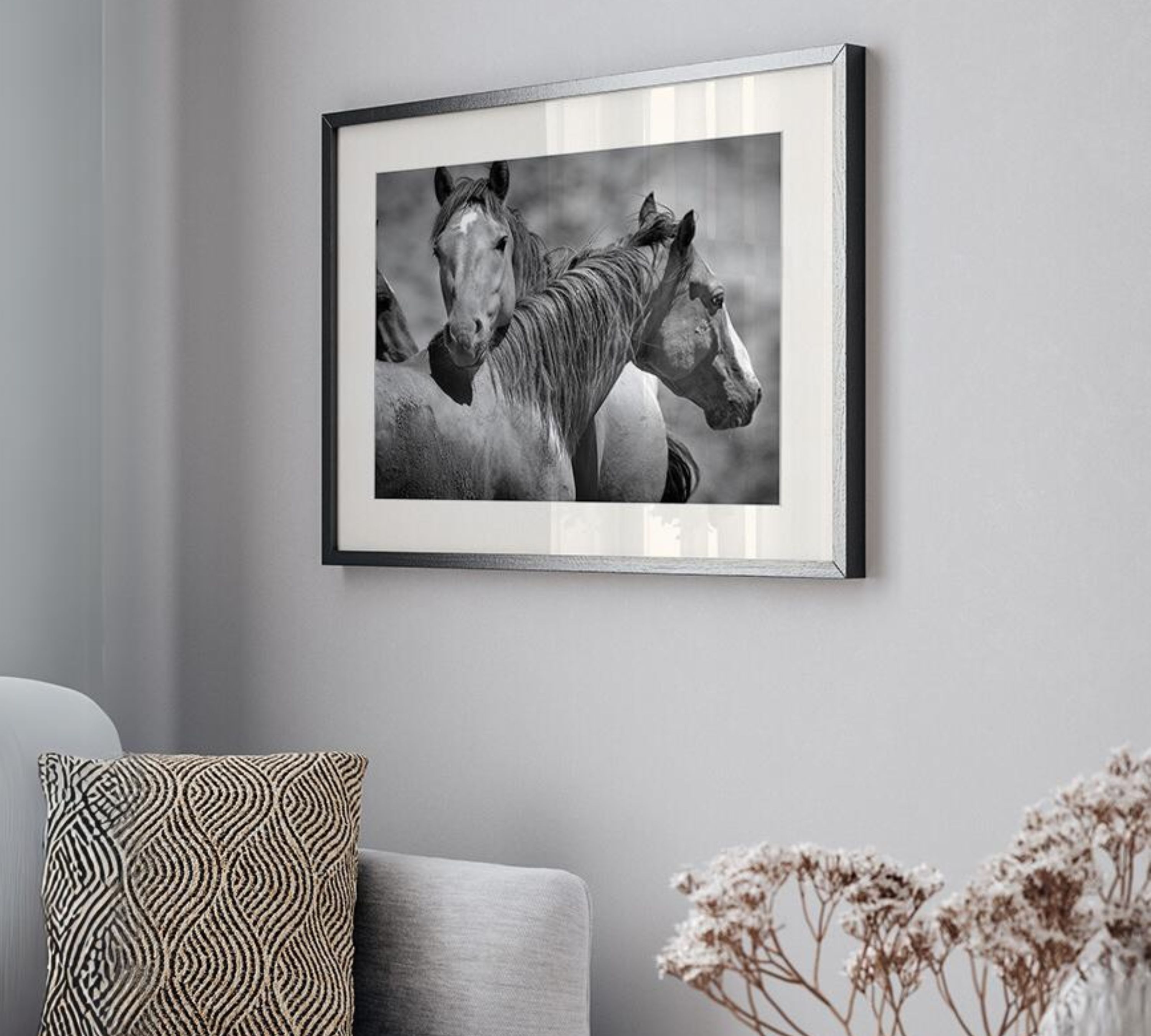 Wild Horses Art Print with Frame Black and White