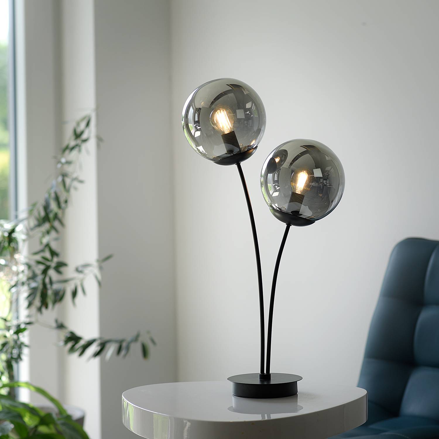2-Light Big Widow Table Lamp Smoked Glass Iron