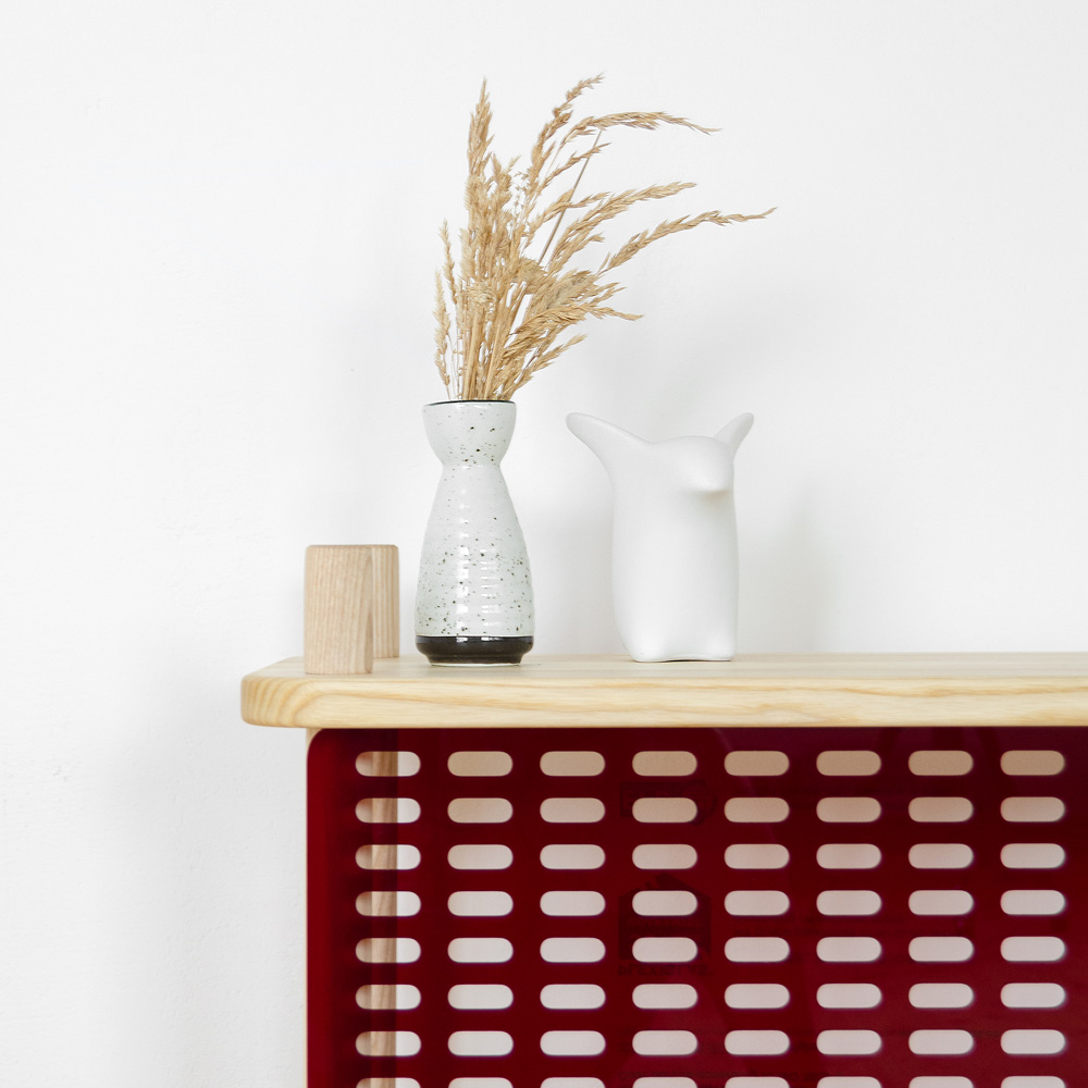 Brilliant 2 Shelf Ash Wood Red Plexiglass