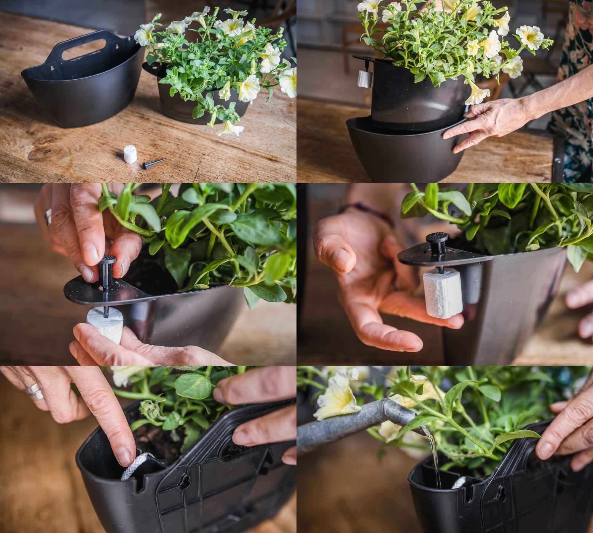 3x Wand-Blumentopf Schwarz mit Selbstbewässerung Textilbezug