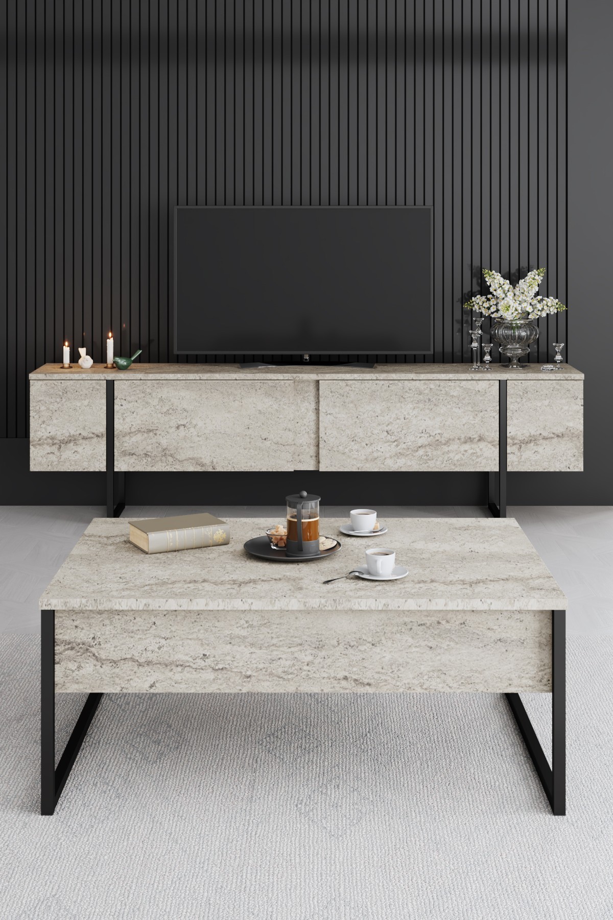 Luxe Lowboard Holz Travertine Schwarz