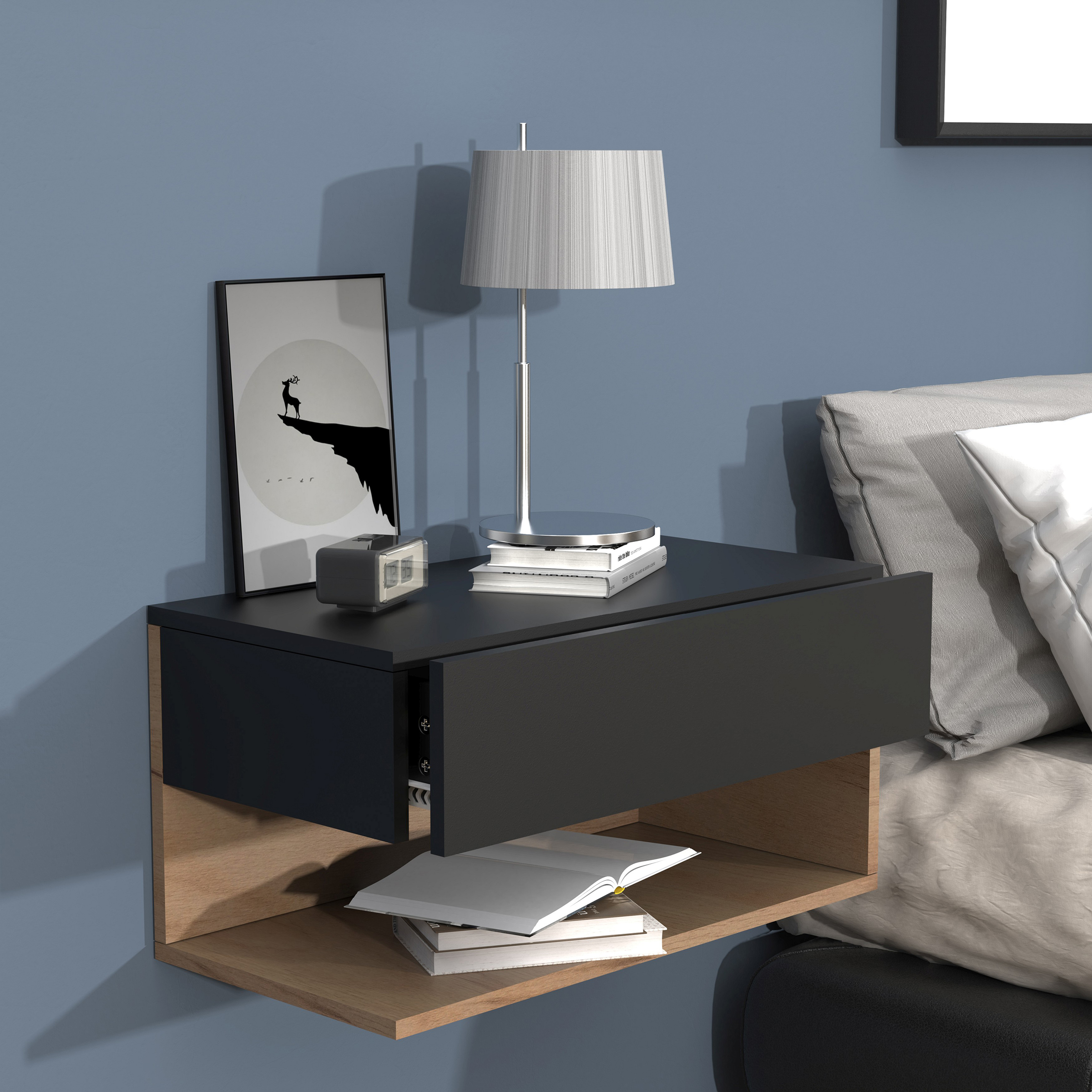 Floating Nightstand Usal XL Oak Decor Black 60 cm