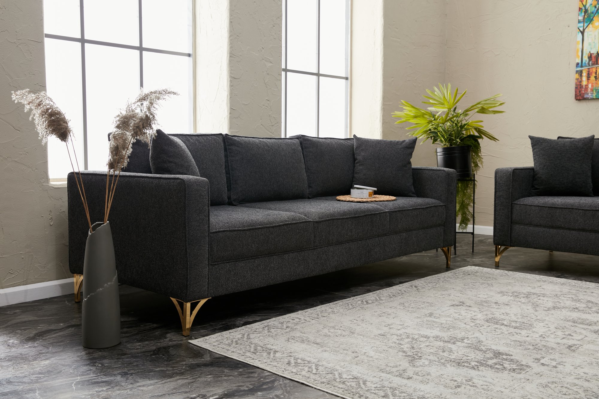 Lima Sofa 3-Sitzer Anthrazit mit goldenen Beinen