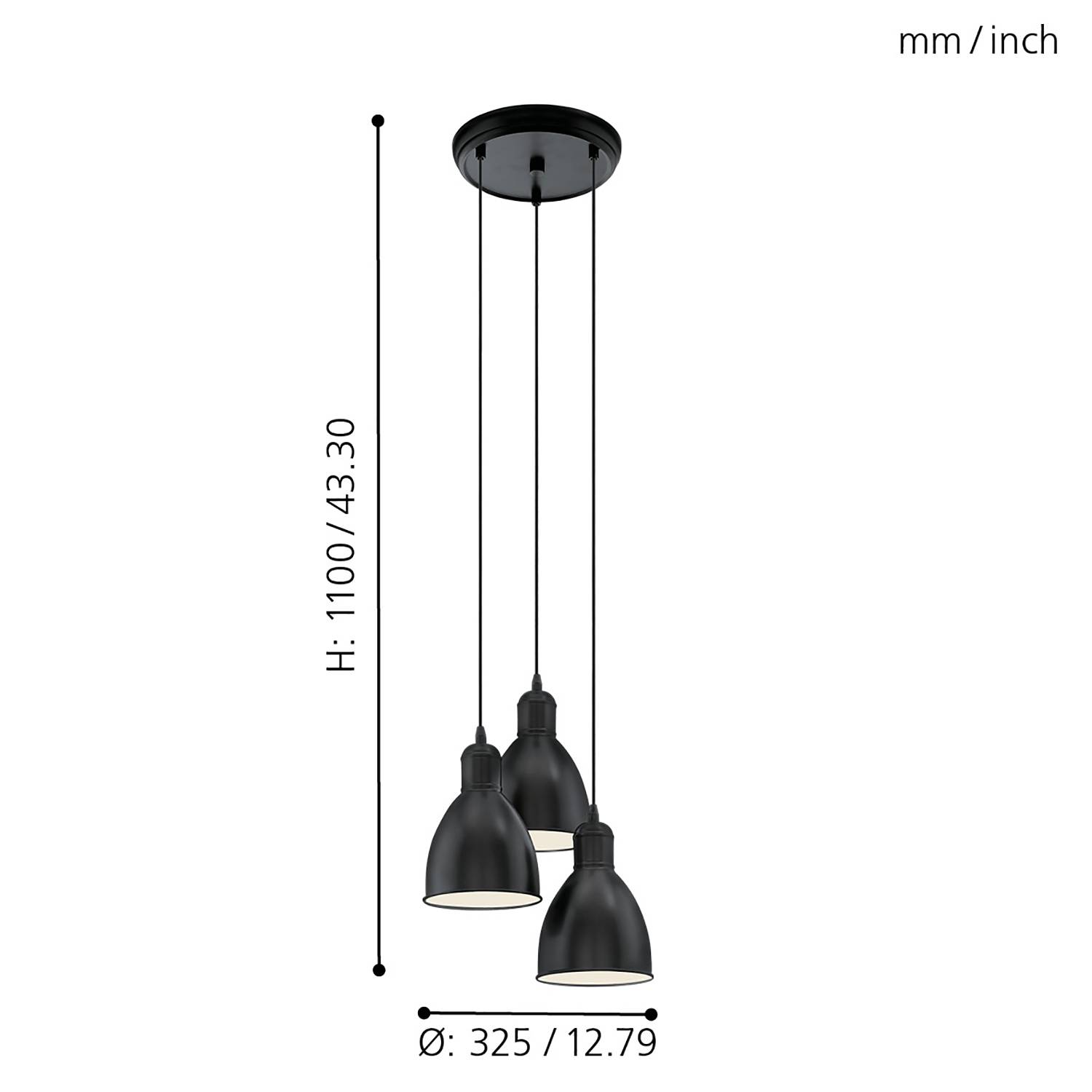 Pendant lamp Priddy II Steel Black Number of flames: 3