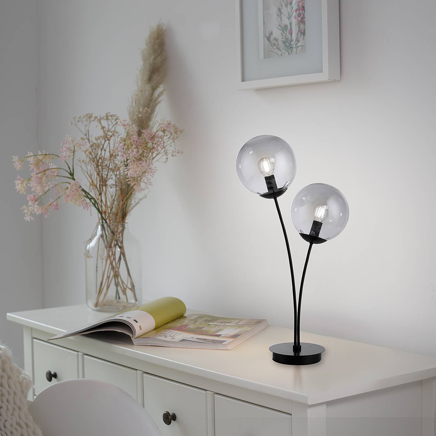 2-Light Big Widow Table Lamp Smoked Glass Iron