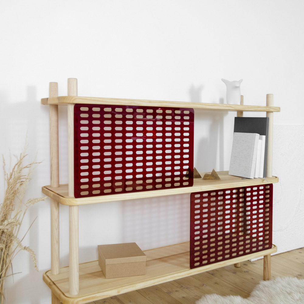 Brilliant 2 Shelf Ash Wood Red Plexiglass
