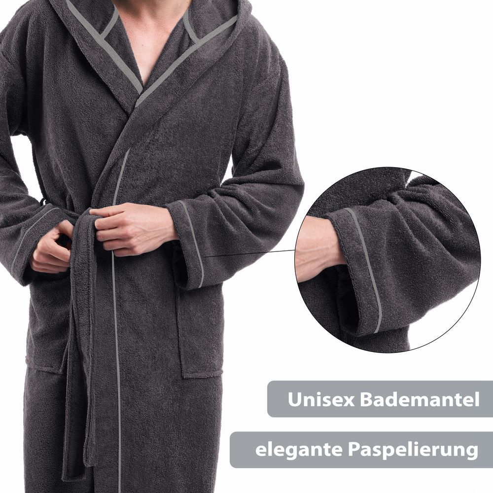 Unisex Baumwoll-Bademantel mit Kapuze Anthrazit Medium