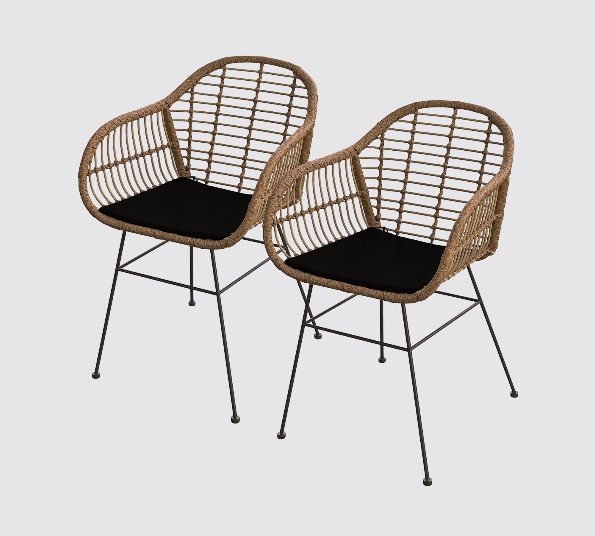 2x Gartenstuhl aus Polyrattan inkl. Sitzkissen Schwarz 