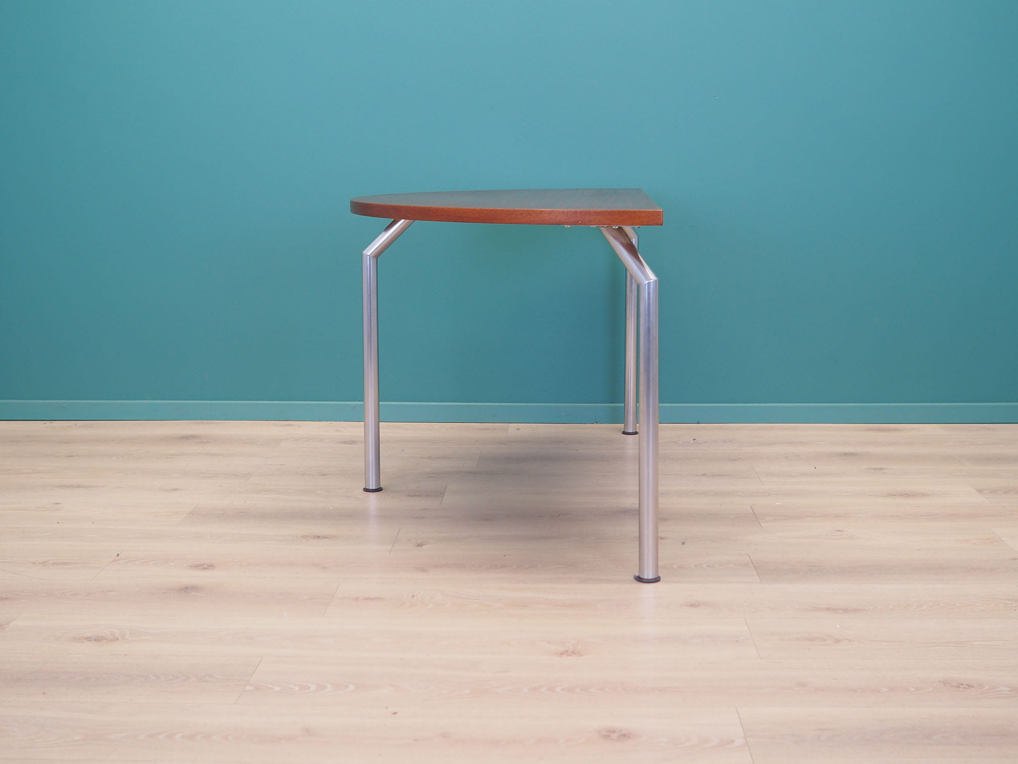 Vintage table, half-round, teak wood, metal, brown, 1970s