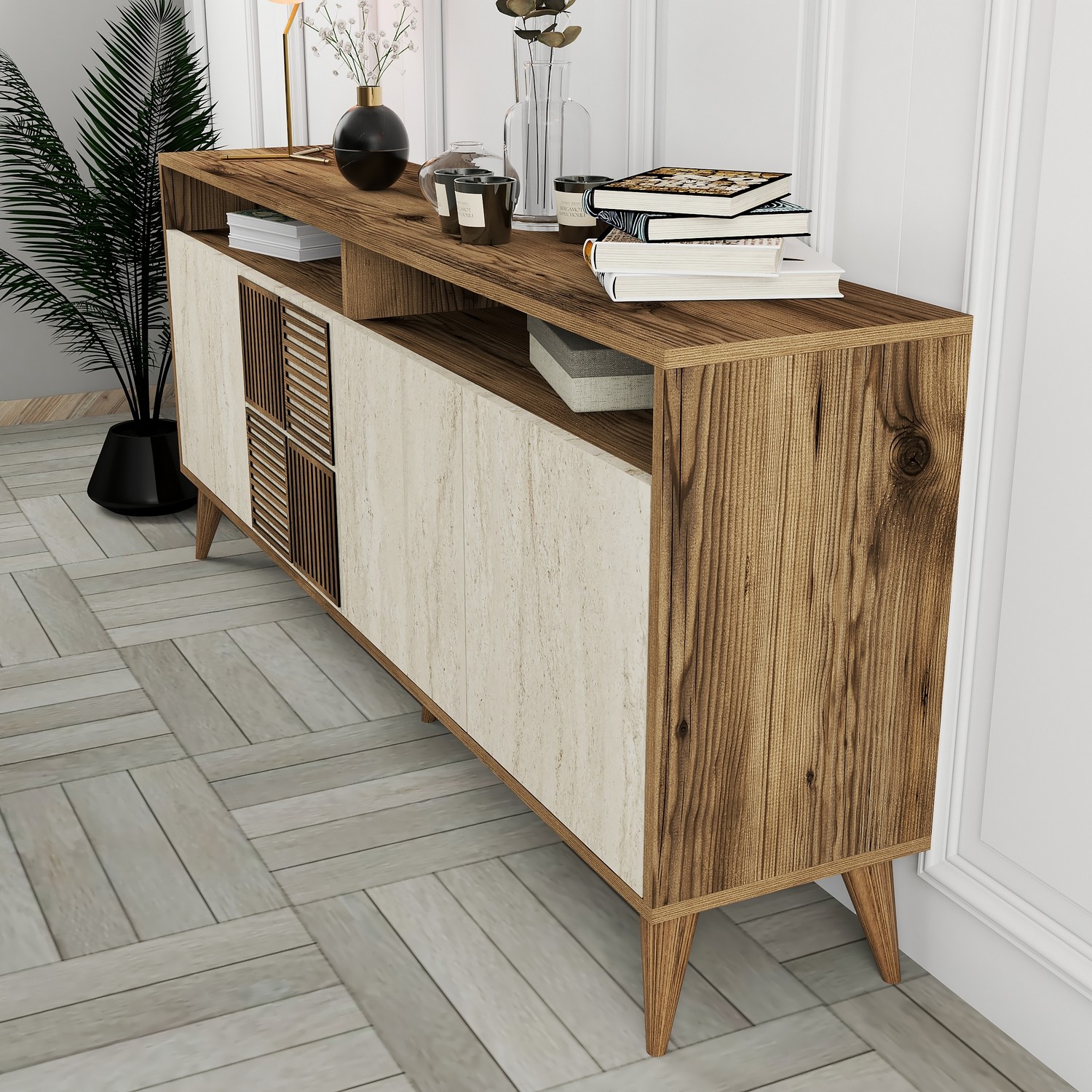 Milan Sideboard Walnussbraun Steinoptik 180cm