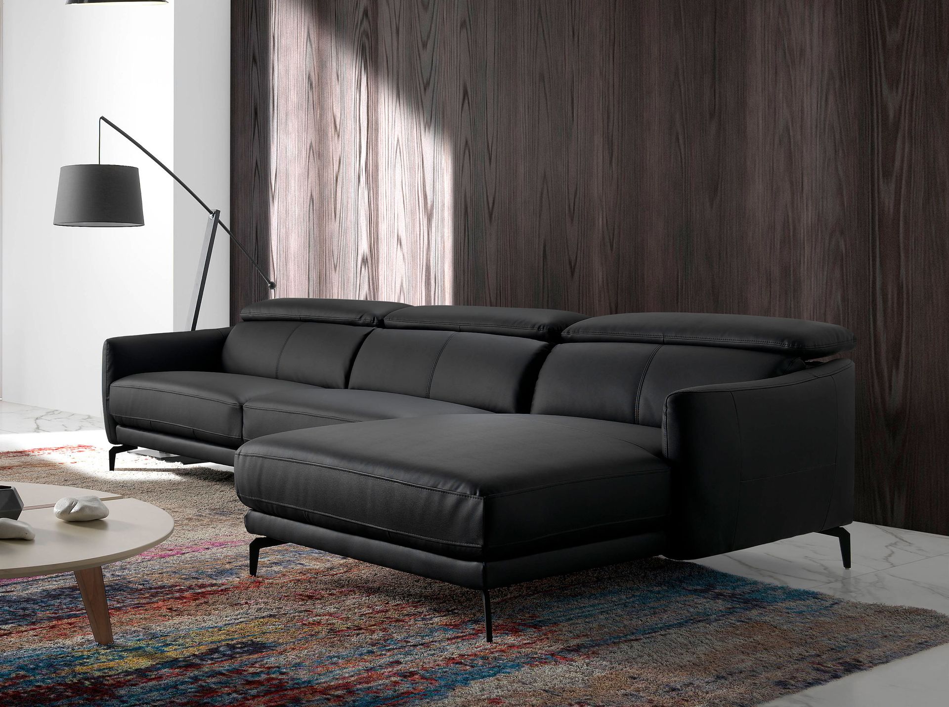 Sofa 4-Sitzer Récamiere Rechts Leder Schwarz