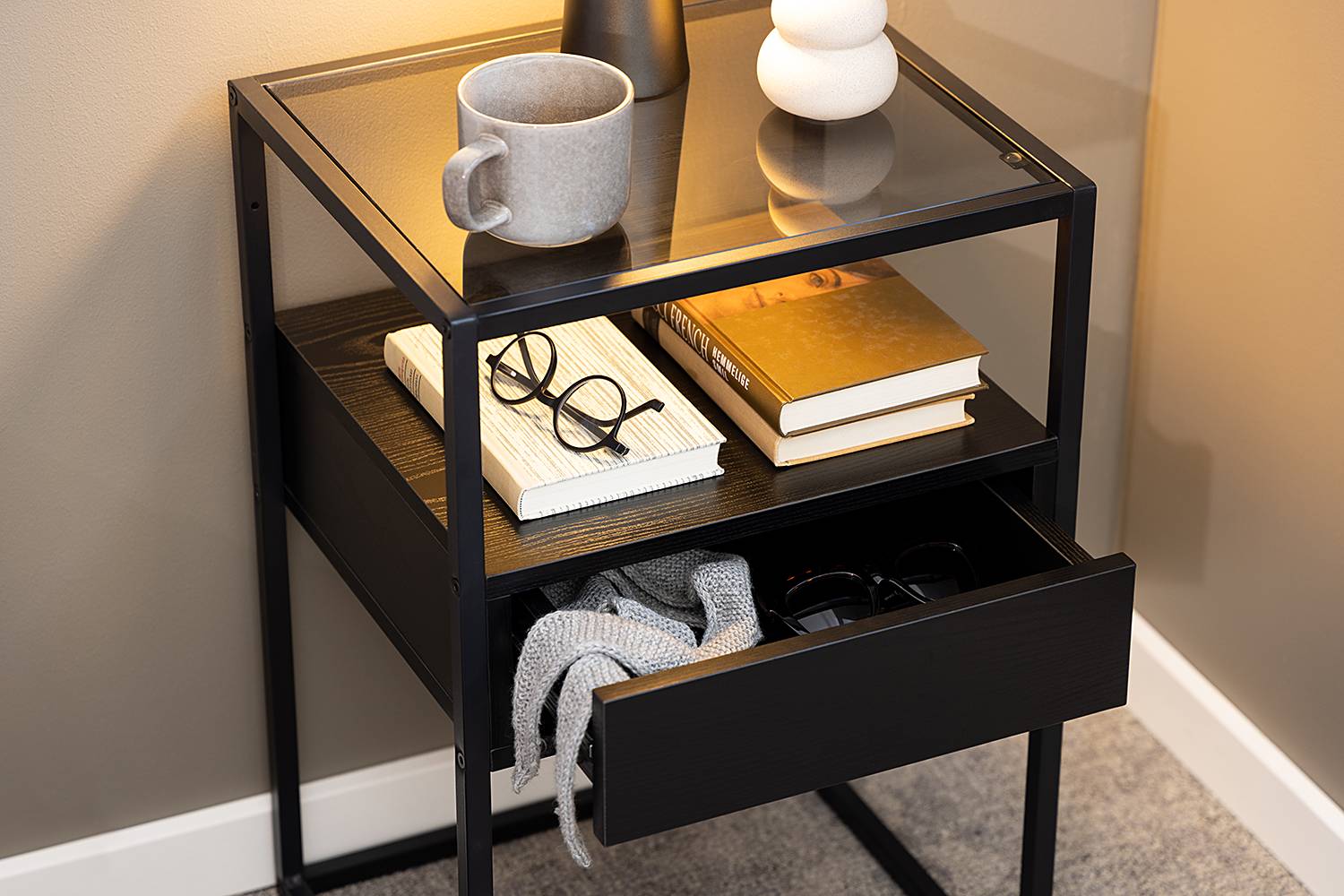 Keable Nightstand Glass Metal Black