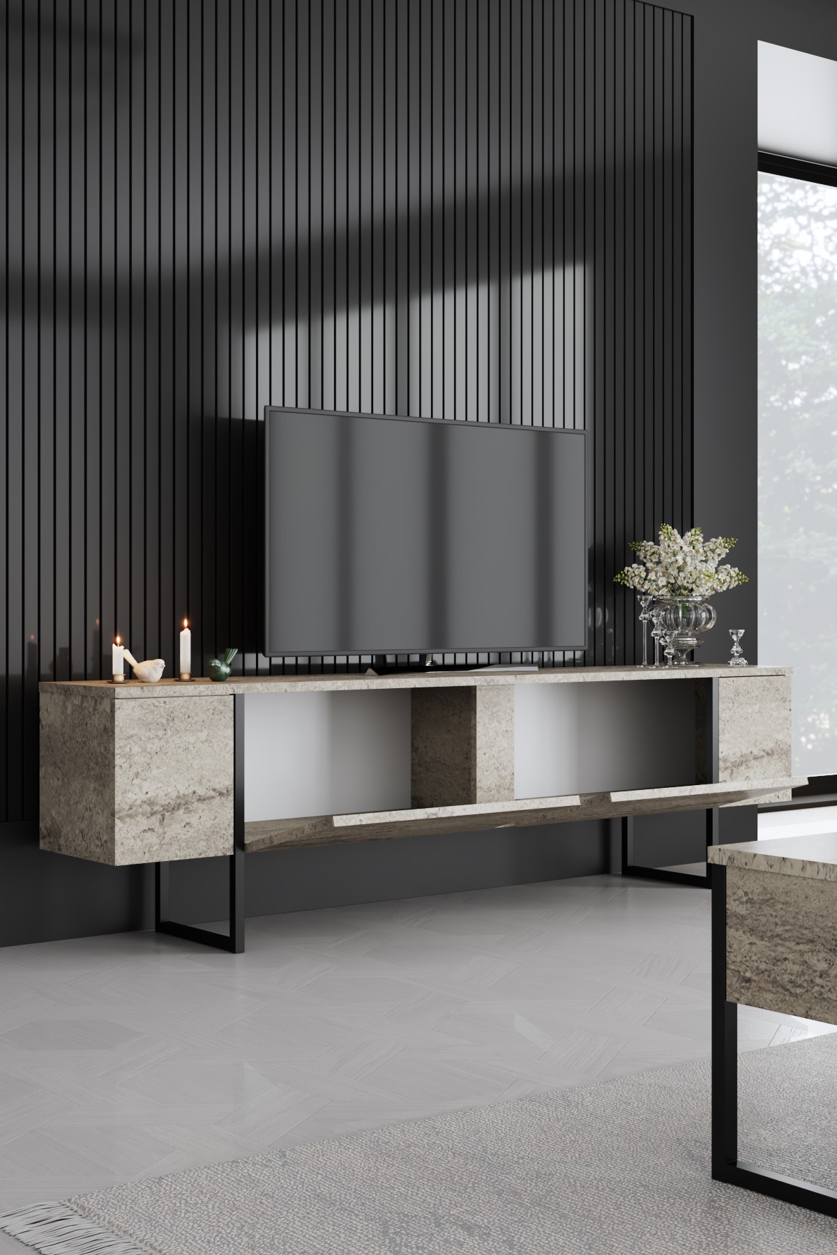 Luxe Lowboard Holz Travertine Schwarz