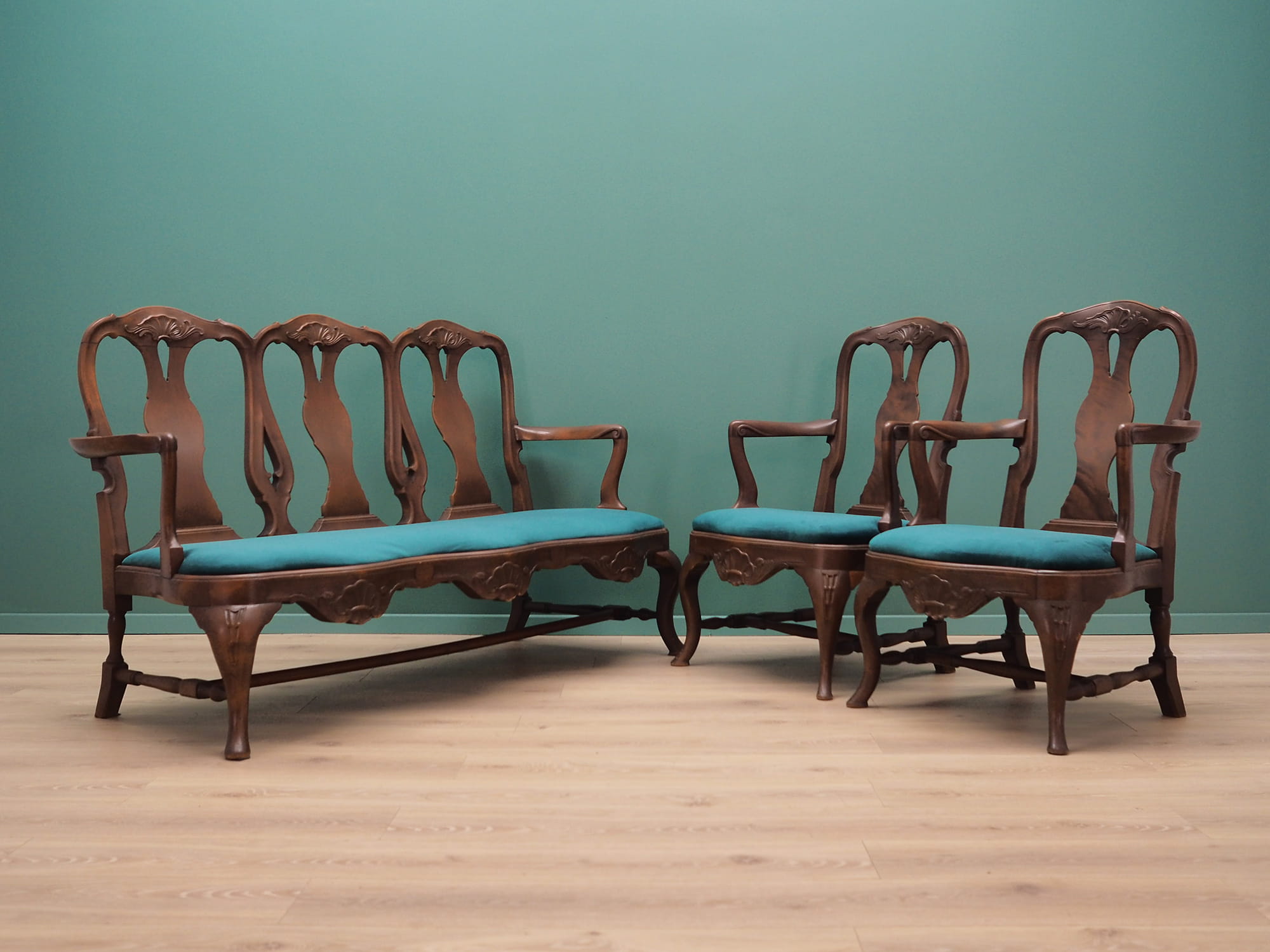 2x Vintage Chair & Bench Wood Velvet Blue 1970s