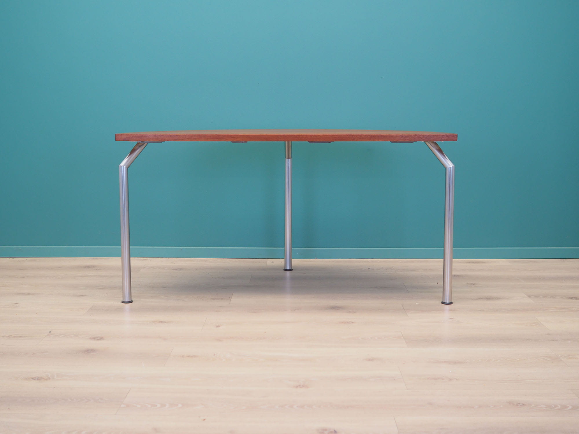 Vintage table, half-round, teak wood, metal, brown, 1970s