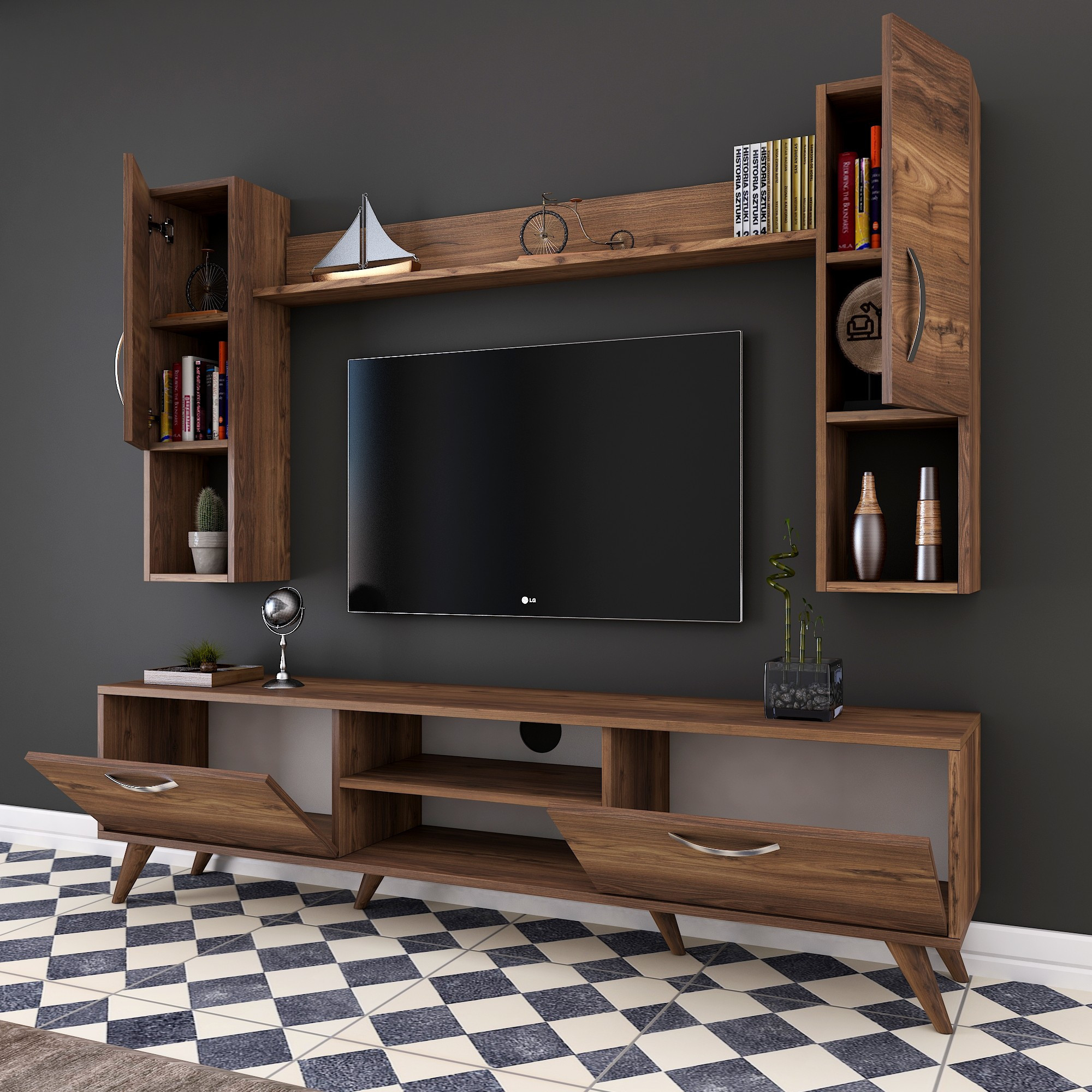 Lowboard with wall shelf with doors walnut brown
