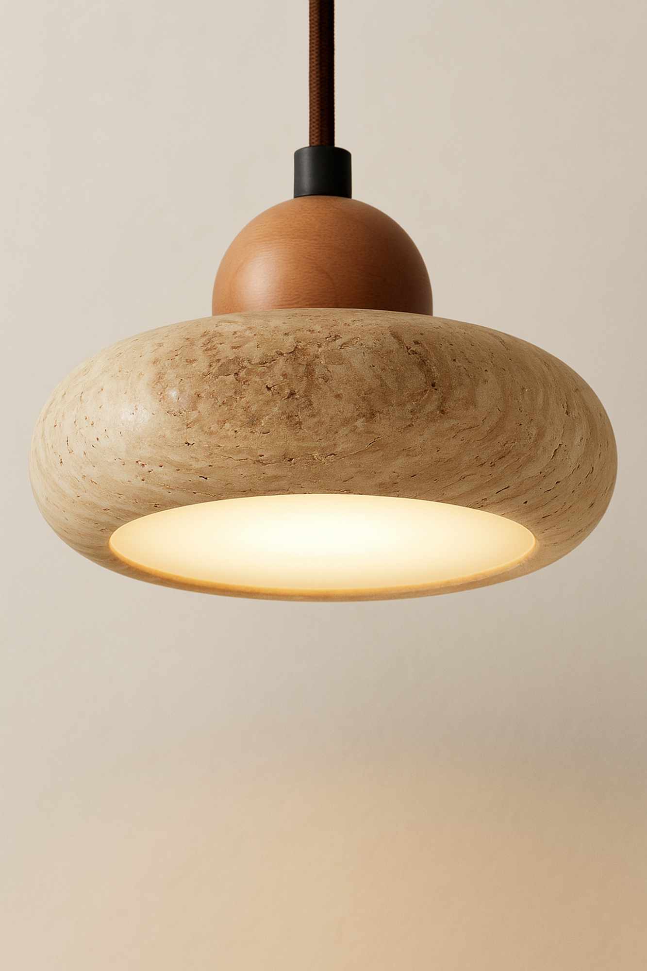 Round Lampada a sospensione Legno di quercia Travertino Crema