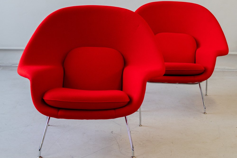 2x Vintage Eero Saarinen Womb Chair Sessel Wolle Stahl Rot