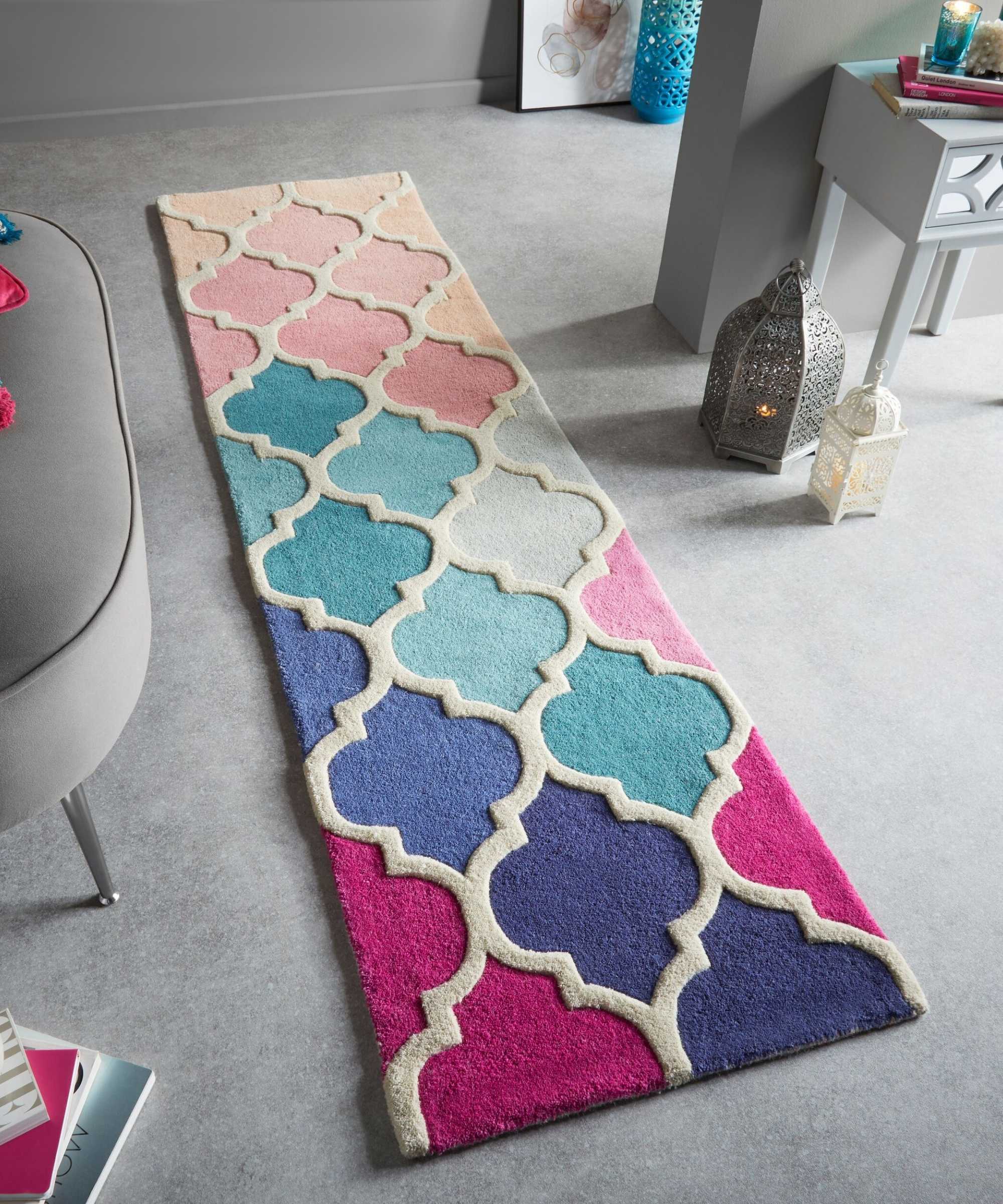 Läufer 100% Wolle Handgefertigt Pink/Blau 60 x 230 cm