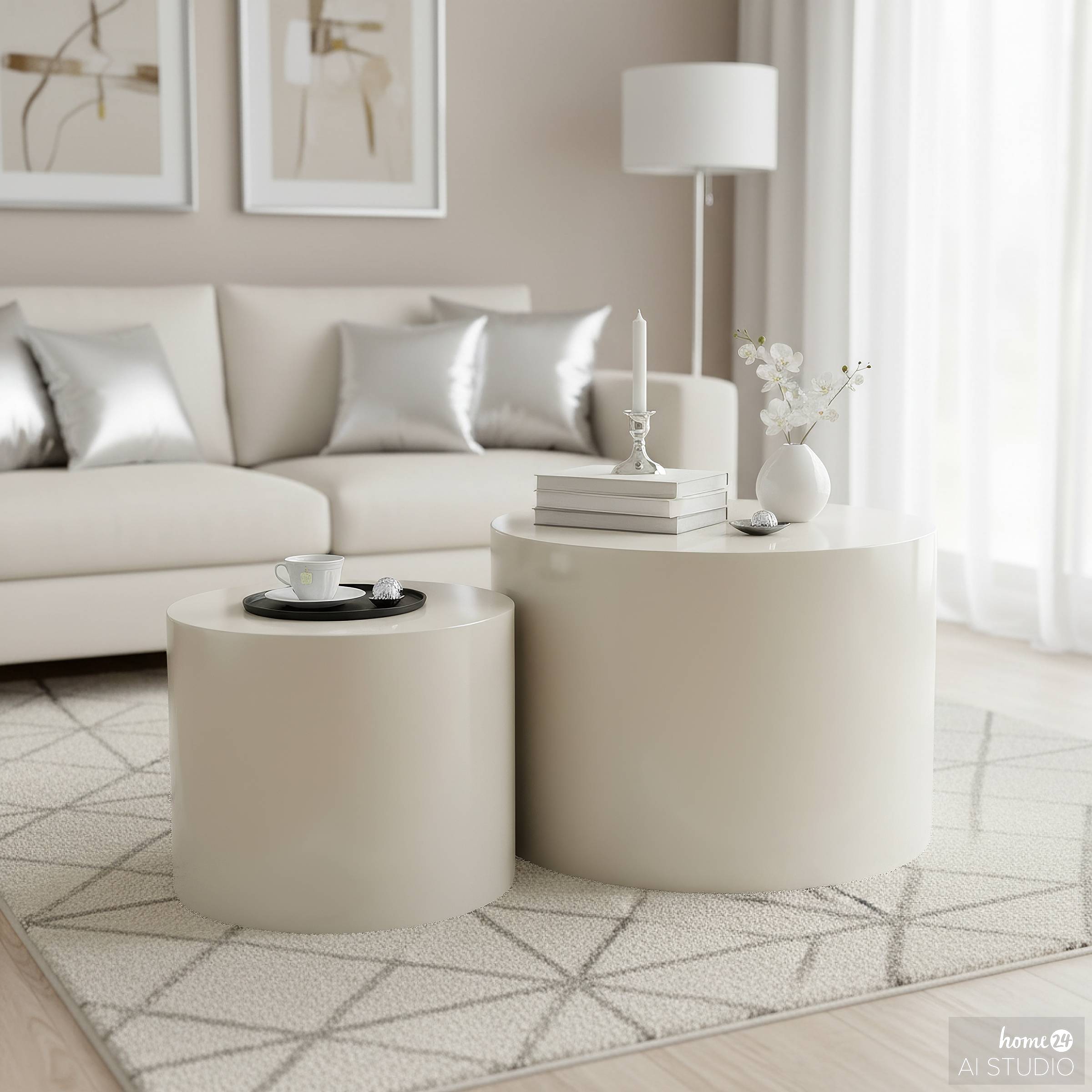 2x Beistelltisch Elipse Rund Hochglanz Beige