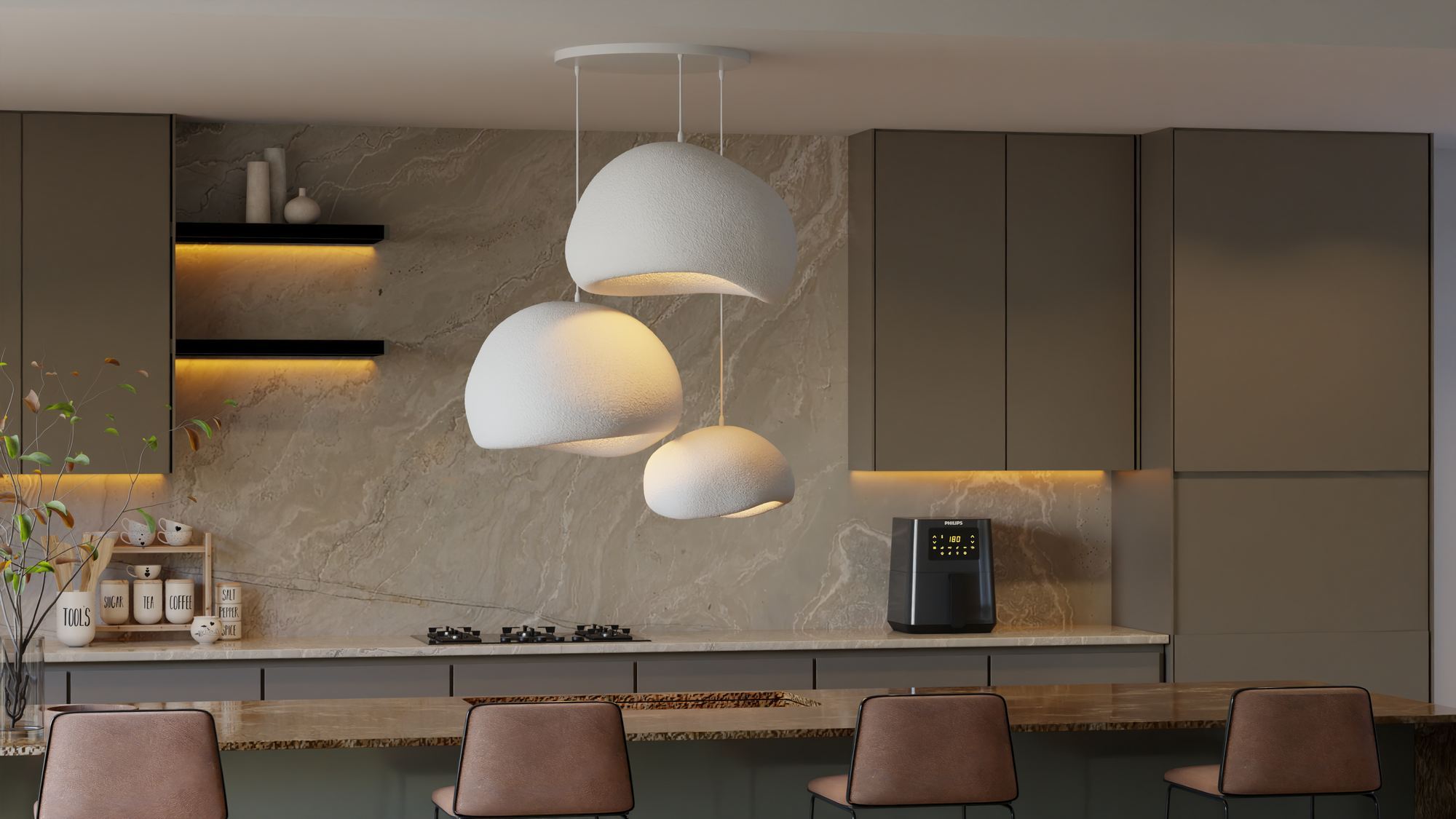 3-Flammig Wabi Sabi Ashveils Pendelleuchte Weiß