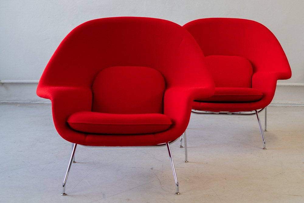 2x Vintage Eero Saarinen Womb Chair Sessel Wolle Stahl Rot