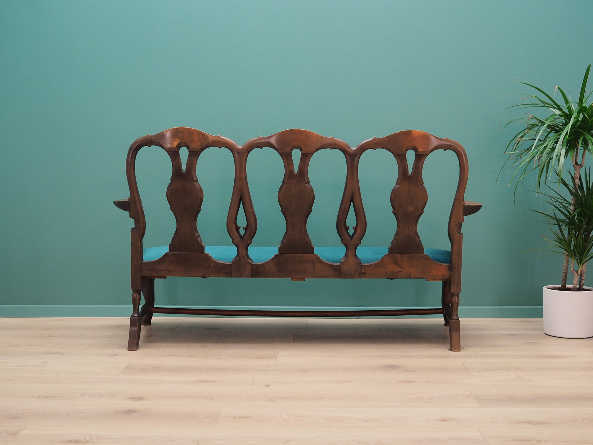 2x Vintage Chair & Bench Wood Velvet Blue 1970s