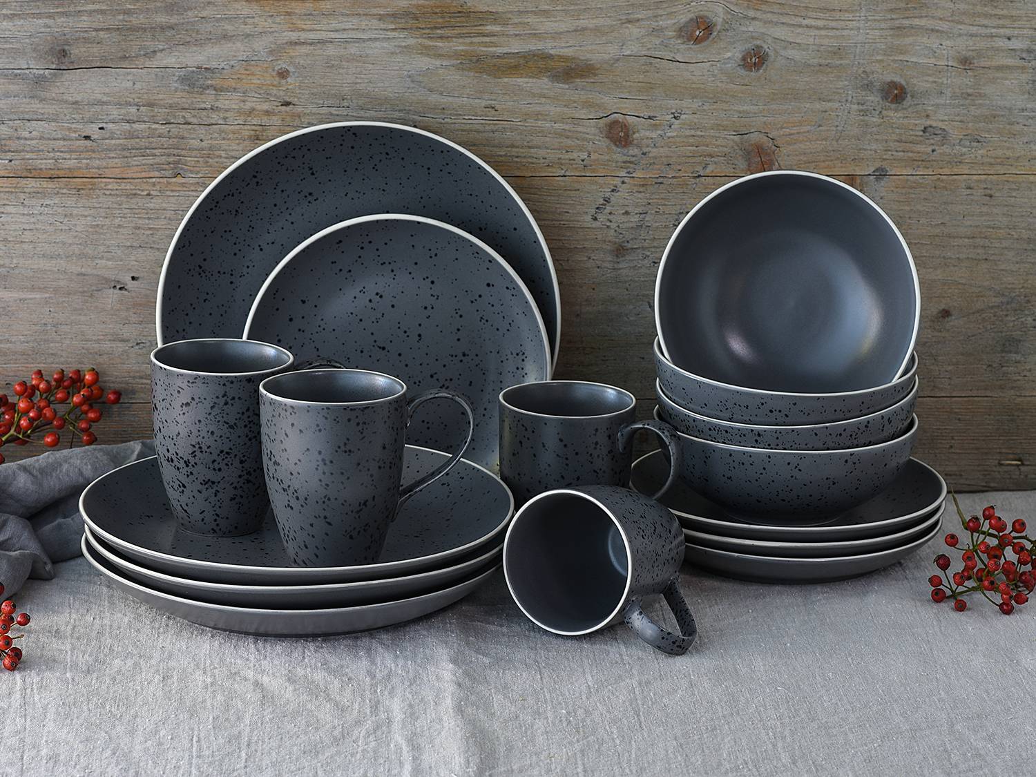 Kombiservice INDUSTRIAL CHIC 16er Set Steingut Schwarz