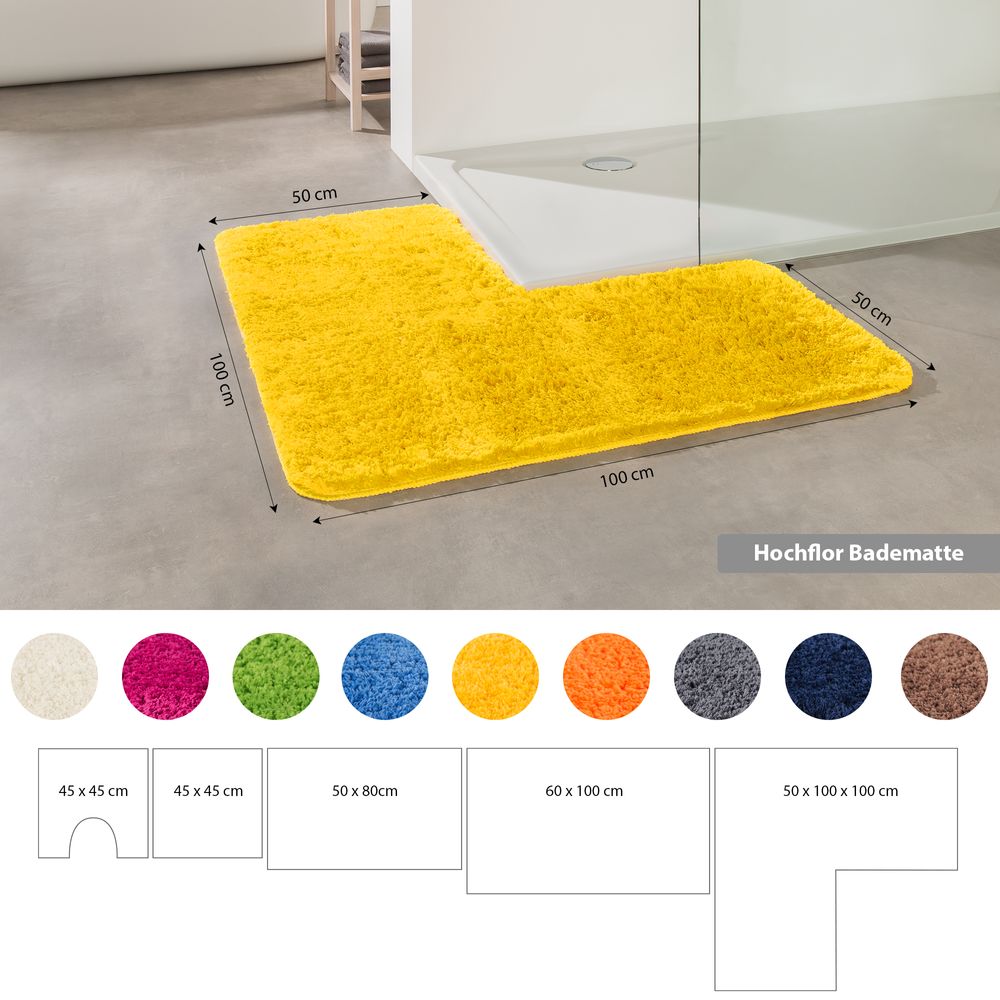 Flauschige Hochflor Eckbadematte Gelb Öko-Tex Standard 100