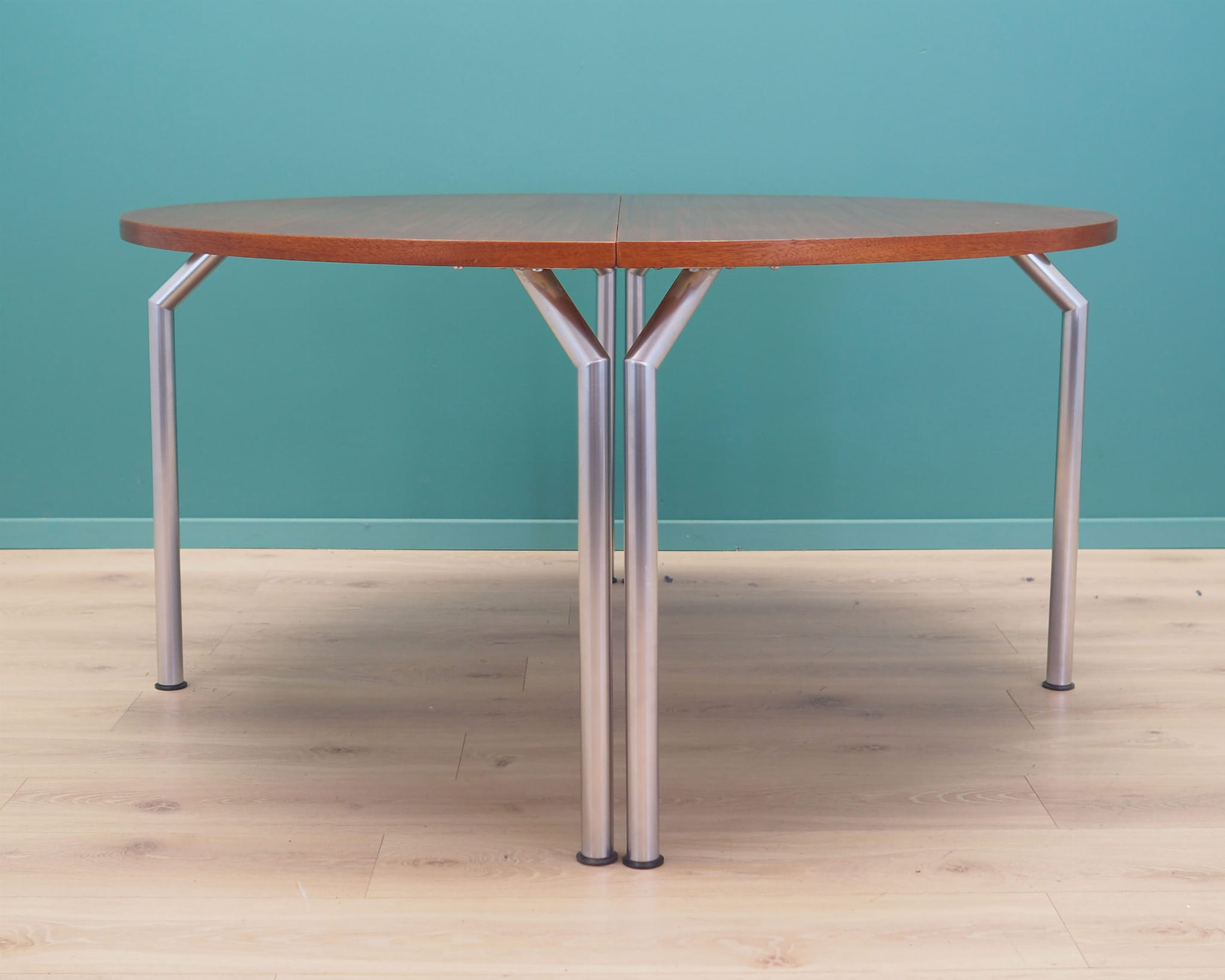 Vintage table, half-round, teak wood, metal, brown, 1970s
