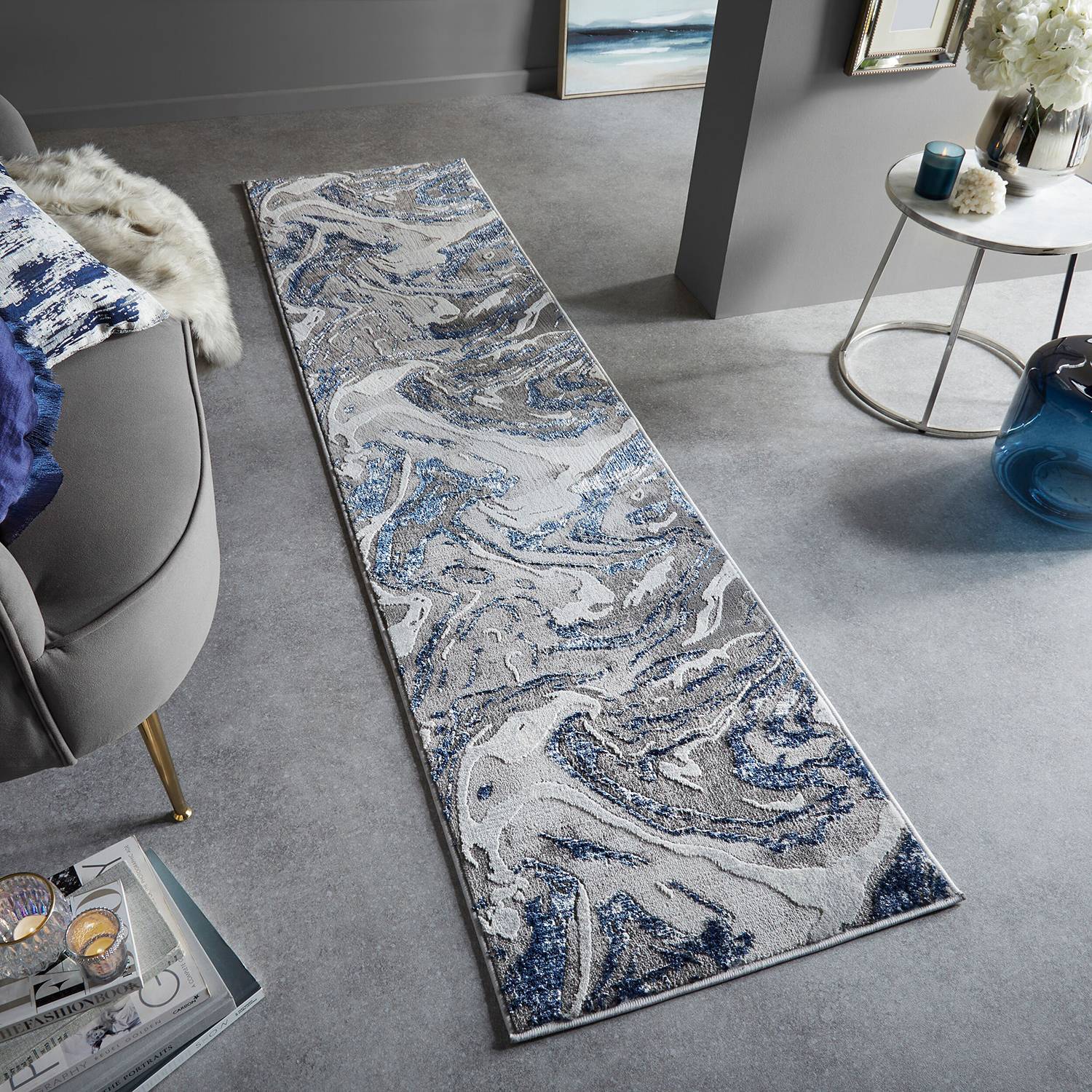 Marbled Runner Navy Blue 80 x 300 cm