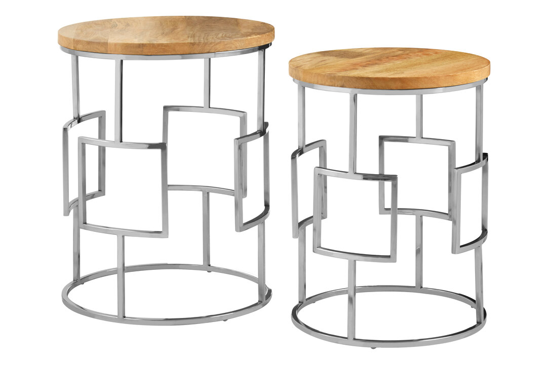 Agra Set aus 2 Mangoholz Beistelltischen mit runder Platte
