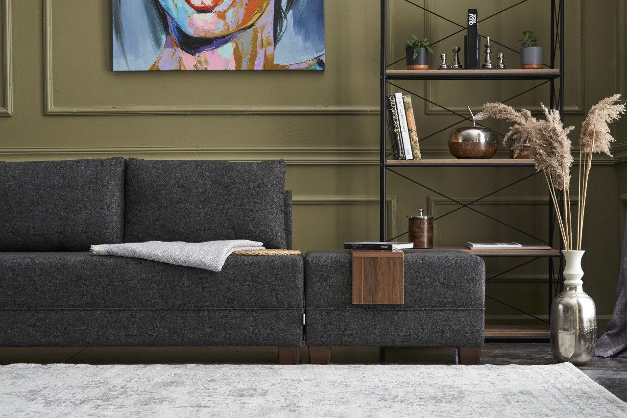 Fly Ecksofa Links mit 2 Hockern Anthrazit