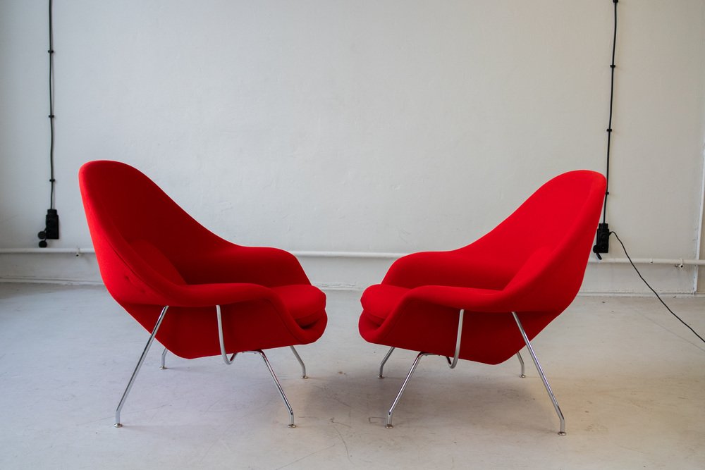 2x Vintage Eero Saarinen Womb Chair Sessel Wolle Stahl Rot