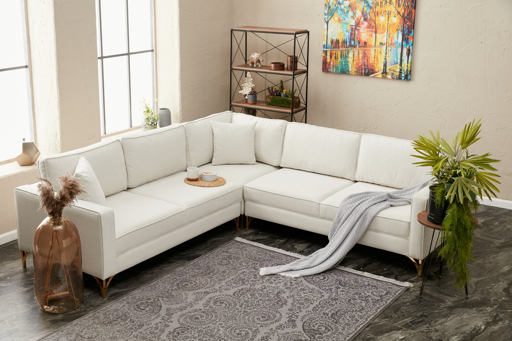 Lima Ecksofa 4-Sitzer Creme mit goldenen Beinen