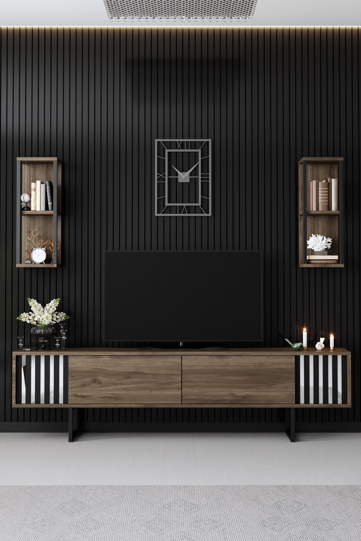 Chrome Line TV-Schrank Holz Walnuss Schwarz