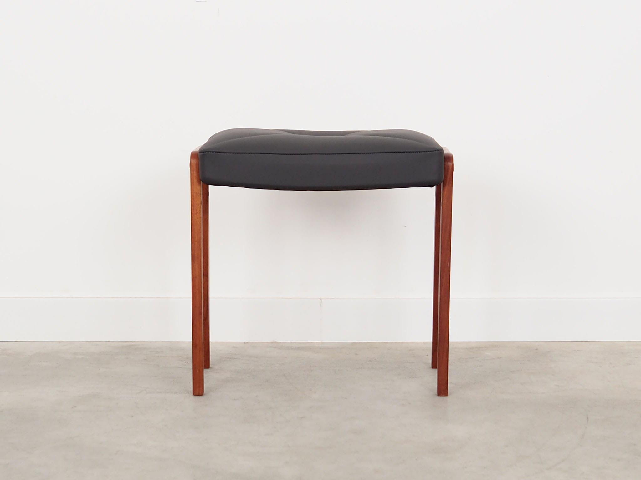 Vintage stool Teak wood Leather Black 1970s