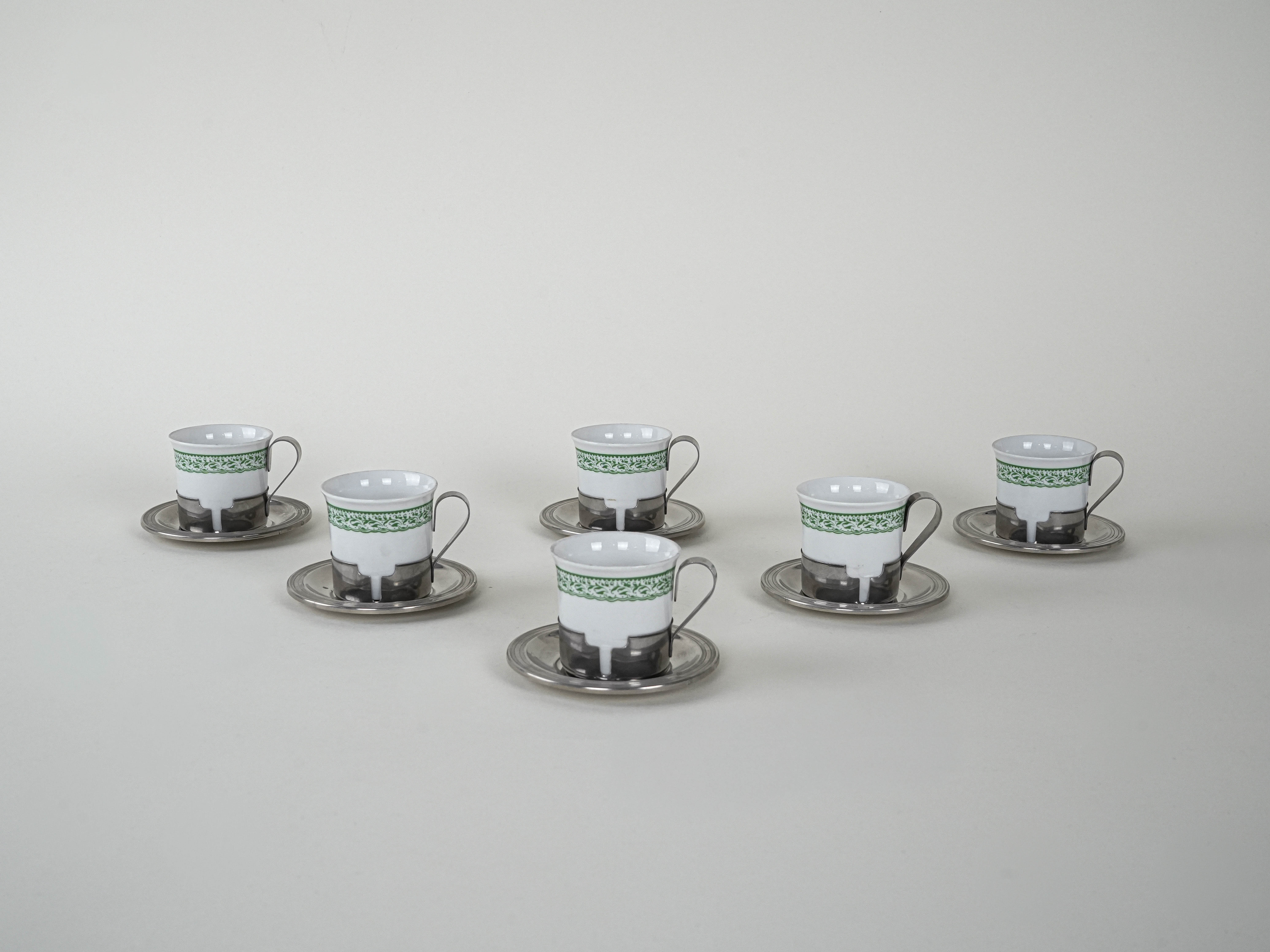 Espressotassen-Set Porzellan Silber Weiß 1980er Jahre