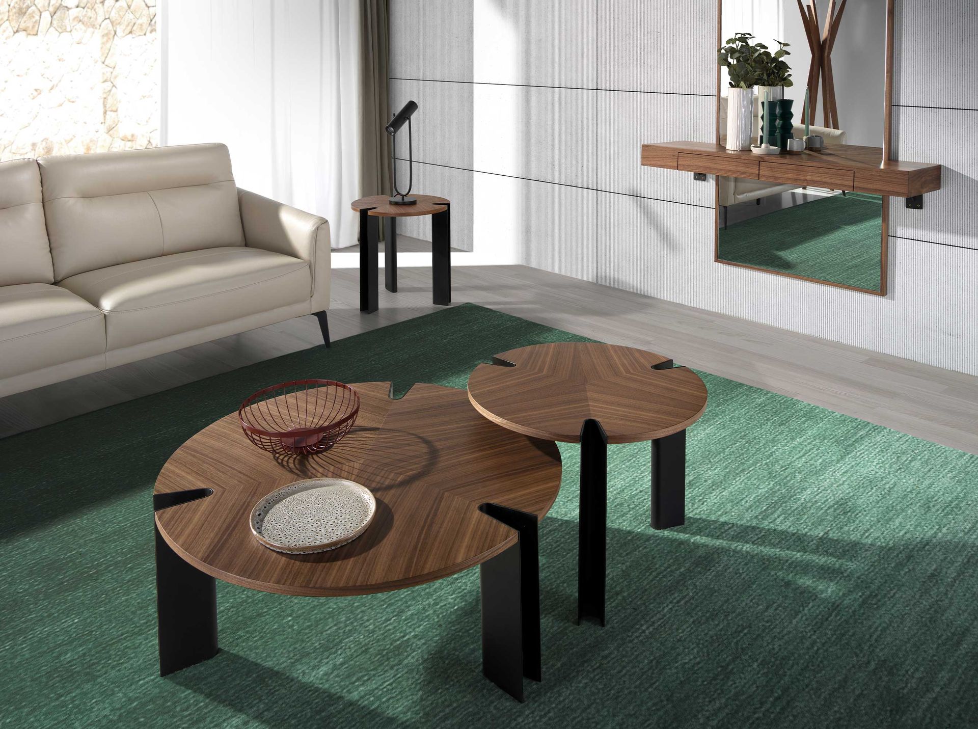 2113 Couchtisch Walnussfurnier Edelstahl Braun Ø 90cm