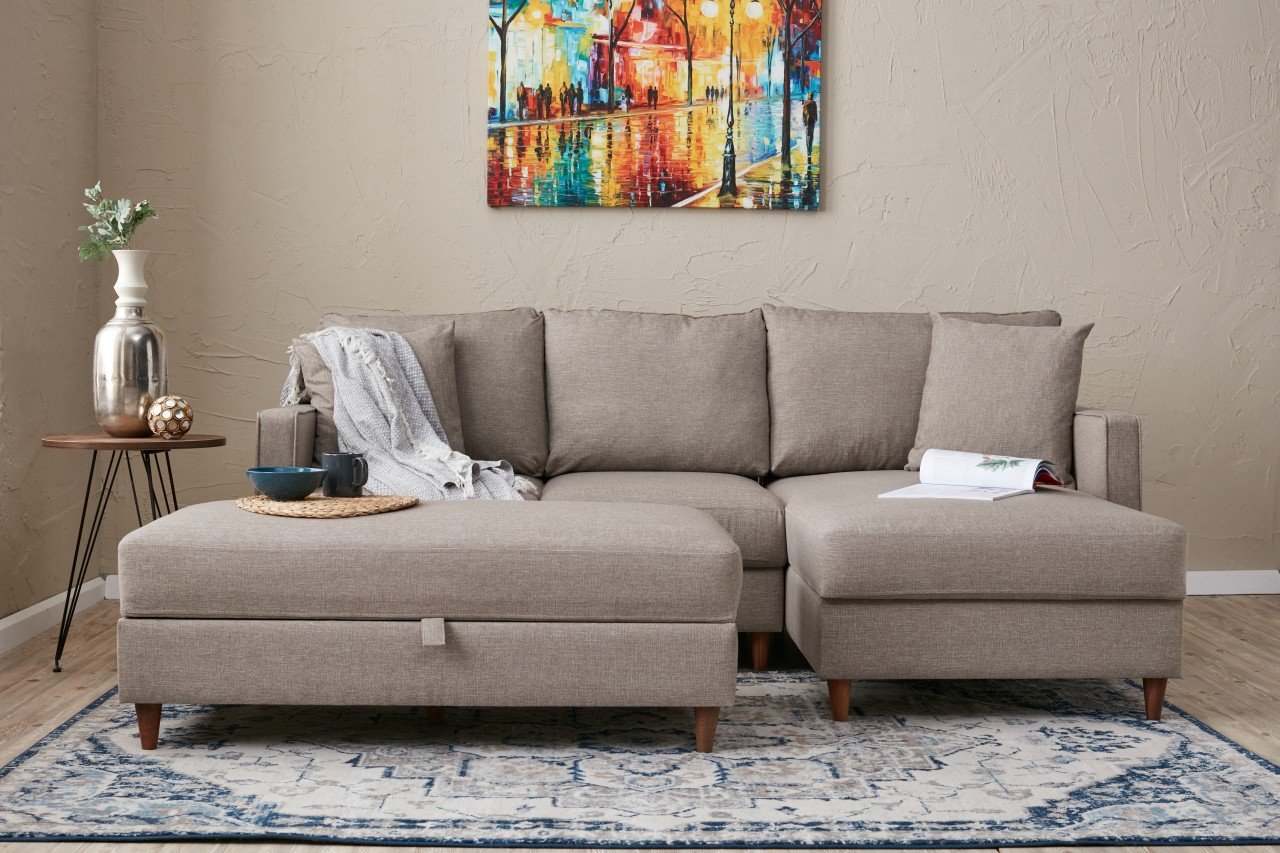 Eva Sofa Récamiere Rechts mit Hocker Creme